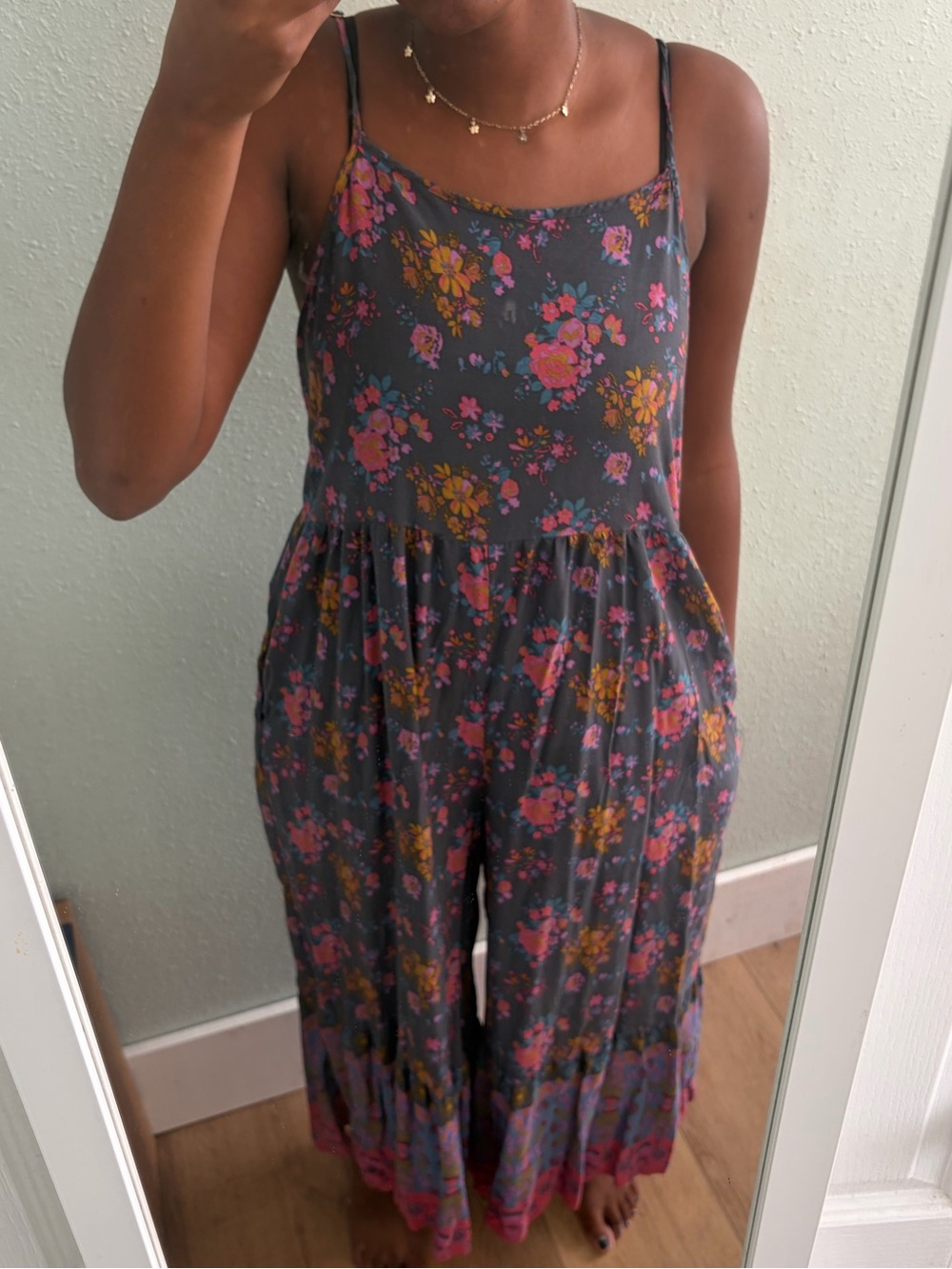 Navy Floral Jumpsuit with Pink and Purple Border - Picture 1 of 3